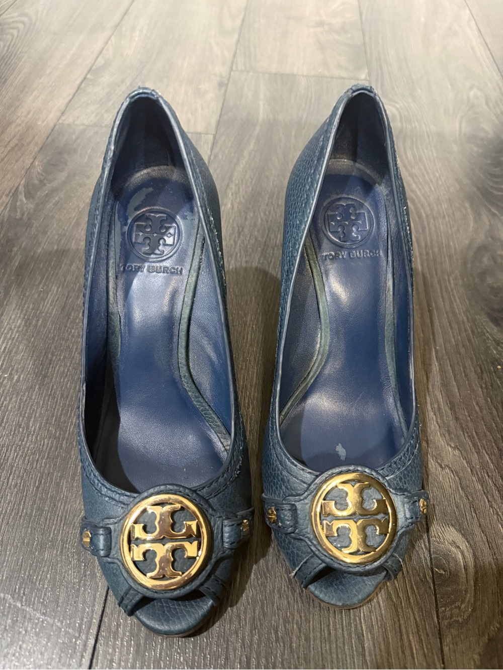 Tory Burch Navy Leather Peep-Toe Heels with Gold Logo